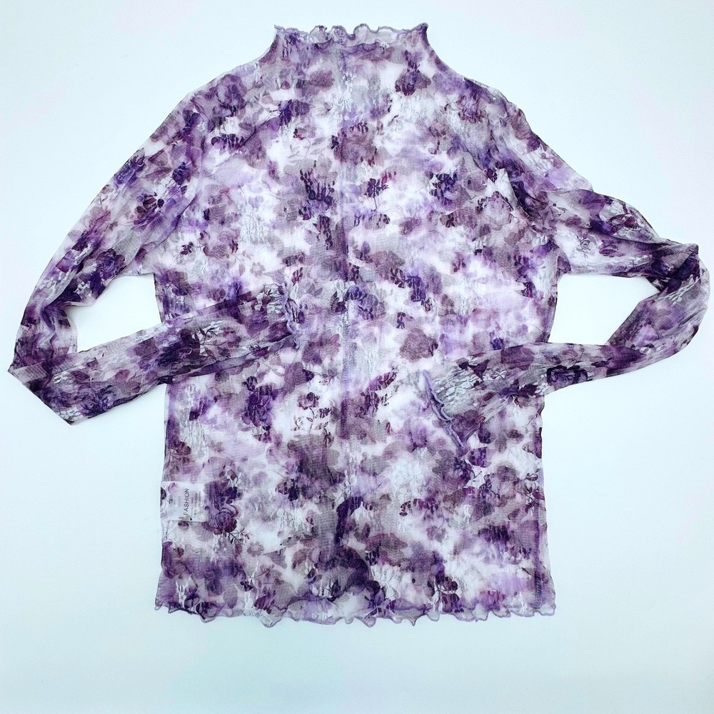 Purple Floral Mesh Sheer Mock Neck Lettuce Edge Long Sleeve Top XL Fairy Whimsy